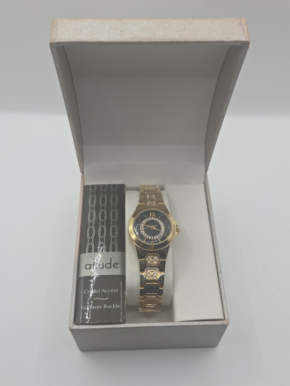 Claude Women’s Gold Tone Crystal Accent Black Dial Watch NEW
